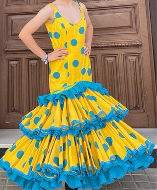 Traje Flamenca Amarillo Lunares Turquesa T.36-38