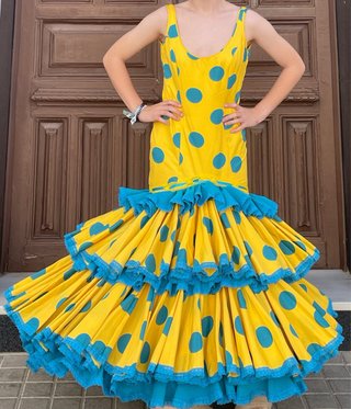 Traje Flamenca Amarillo Lunares Turquesa T.36-38
