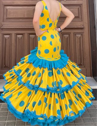 Traje Flamenca Amarillo Lunares Turquesa T.36-38