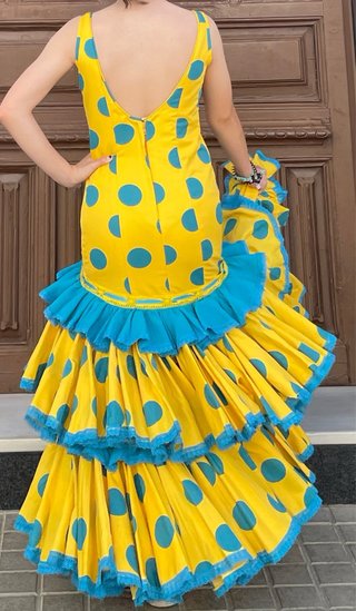Traje Flamenca Amarillo Lunares Turquesa T.36-38