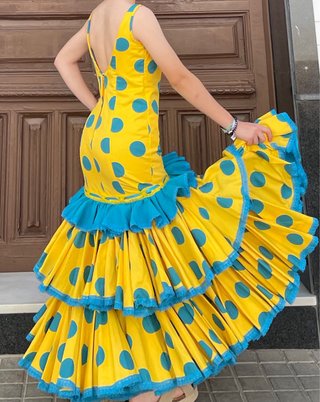 Traje Flamenca Amarillo Lunares Turquesa T.36-38