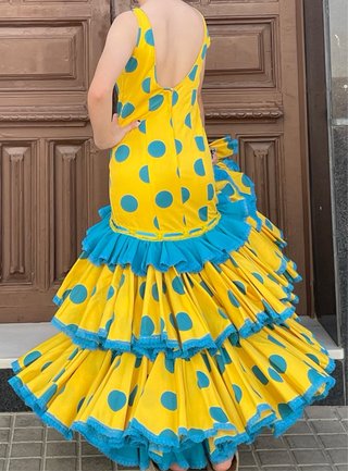 Traje Flamenca Amarillo Lunares Turquesa T.36-38
