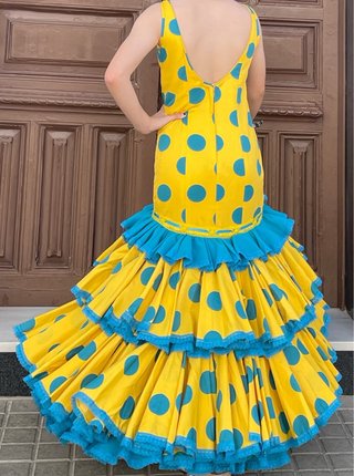Traje Flamenca Amarillo Lunares Turquesa T.36-38