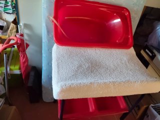 Bañera bebé roja con toalla
