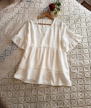 Blusa Blanca Elegante con Guipur Talla L