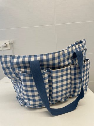 Bolsa de playa cuadros azul y blanco con bolsillos