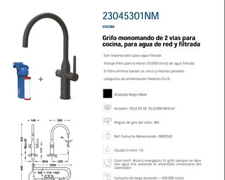 Grifo TRES 2 vías cocina negro + filtro