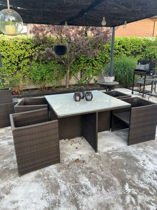 Mesa de jardín y sillas ratán + cristal
