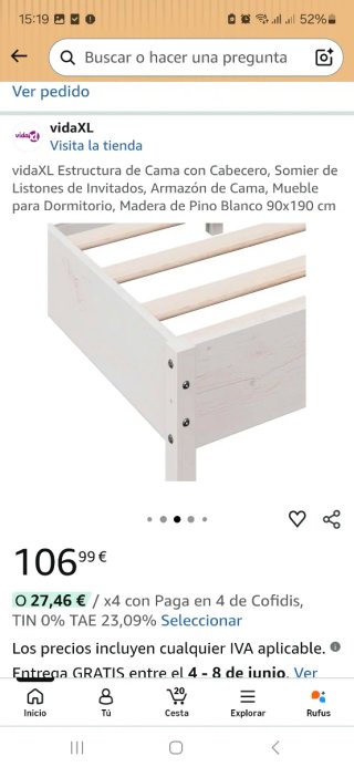 GETAFE. Estructura Cama Madera Pino Blanca 90x190