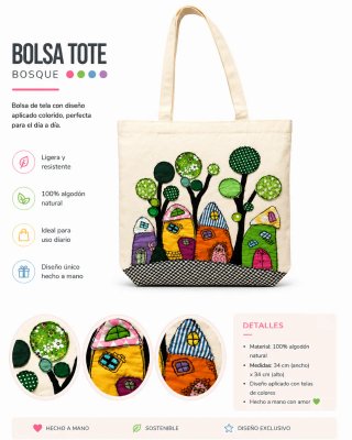 Bolsa Tote Bosque aplicaciones tela hechas a mano