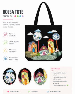 Bolsa Tote Pueblo con aplicaciones hechas a mano