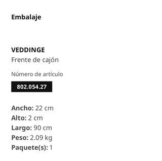 VEDDINGE IKEA FRENTE DE CAJÓN BLANCO 80x20 CM