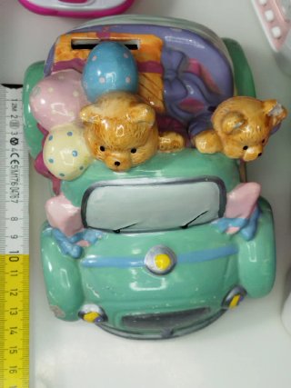 Salvadanaio Orsetti in Auto Ceramica Vintage