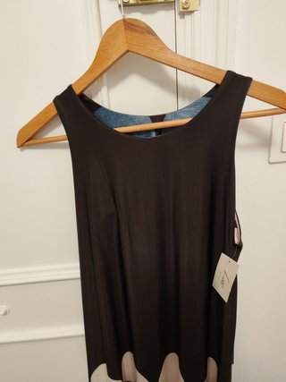 Vestido marrón lunares beige y azul