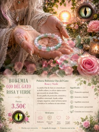 Pulsera Bohemia Ojo de Gato Rosa y Verde