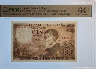 Billete 100 pesetas 1965  Bécquer número Bajo PMG