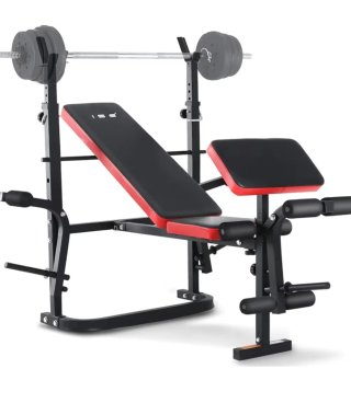 Banco musculación con barra y pesas