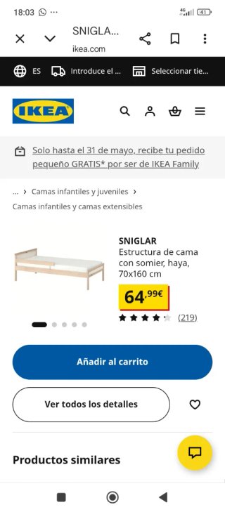 Cama SNIGLAR IKEA haya 70x160 cm
