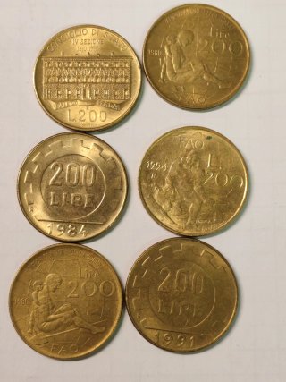 6 Monete 200 Lire Italiane
