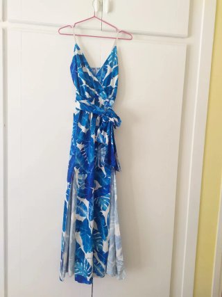 Vestido Largo Hojas Azul y Blanco T-Única