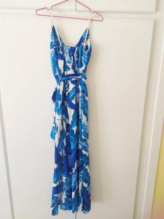 Vestido Largo Hojas Azul y Blanco T-Única