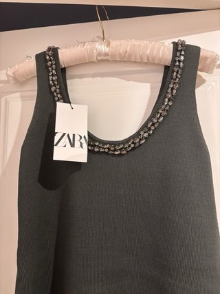 Vestido punto Zara abalorios verde S