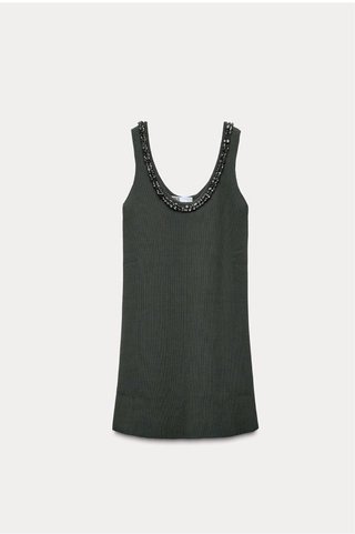 Vestido punto Zara abalorios verde S