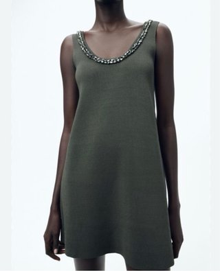 Vestido punto Zara abalorios verde S