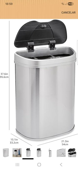 Cubo basura metálico tapa automática con pilas.