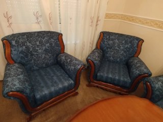 Sofá y 2 sillones azul y amarillo