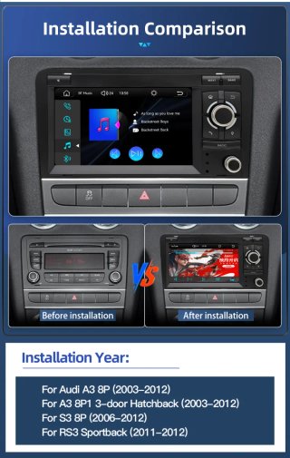 Pantalla radio de coche para AUDI A3 RS3 S3 8P