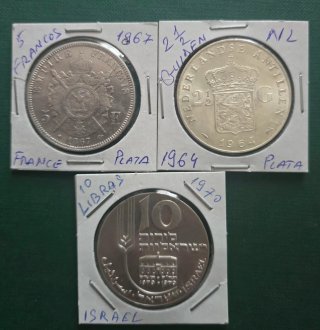 Lote 3 monedas plata: Francia, Antillas, Israel