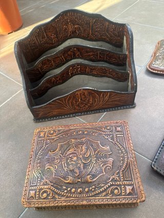 Set Cuero Repujado Escritorio Vintage