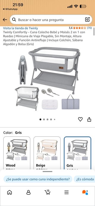 Minicuna Colecho Twinly Comfortly Gris