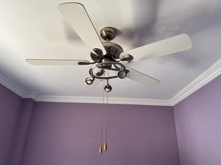 Ventilador de techo plateado y blanco