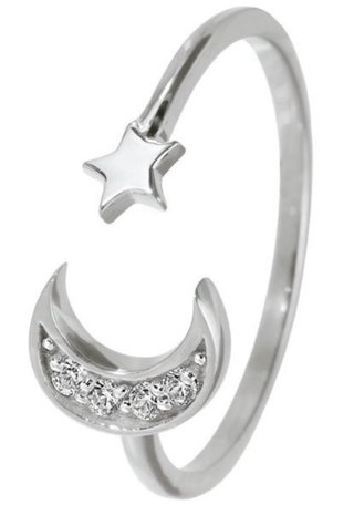 Anillo Plata Luna y Estrella 4 Diamantes Ajustable