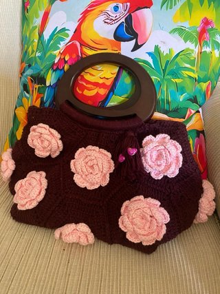 Bolso Crochet Algodón Flores Rosa y Marrón