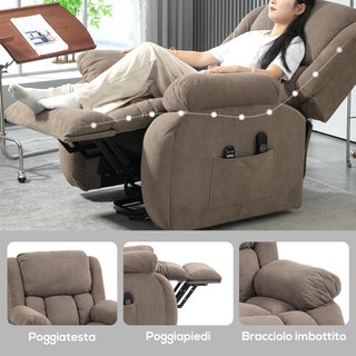 Sillón Eléctrico Elevador Reclinable 150°, Sillón Relax Eléctrico de Tela para Ancianos Con 8 Puntos de Masaje, Calefacción, Puerto USB, Mandos a Distancia, Reposapiés, Bolsillos Laterales, Marrón