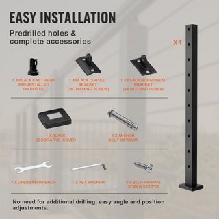 Poste de Barandilla de Cable, 36" x 1" x 2" Poste de Barandilla de Escalera con Agujero Angulado de 30°, 10 Agujeros Pre-perforados, Poste de Barandilla de Cable de Acero Inoxidable SUS304 con Sop...