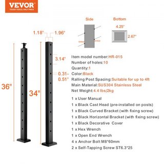 Poste de Barandilla de Cable, 36" x 1" x 2" Poste de Barandilla de Escalera con Agujero Angulado de 30°, 10 Agujeros Pre-perforados, Poste de Barandilla de Cable de Acero Inoxidable SUS304 con Sop...