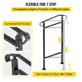 Pasamanos de Hierro Forjado, Adecuado para 1 o 2 Escalones Barandilla de Escalera Exterior, Barandilla Ajustable para Porche Frontal, Barandillas Transicionales Negras para Escalones de Concreto o...