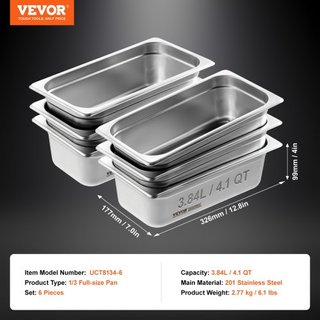 6 Paquete de Sartenes de Hotel, Sartén de Vapor Anti-Jam de Tamaño 1/3, Sartén de Mesa de Restaurante de Acero Inoxidable de 0.8 mm de Grosor, Sartén de Mesa Comercial de 4 Pulgadas de Profundidad...
