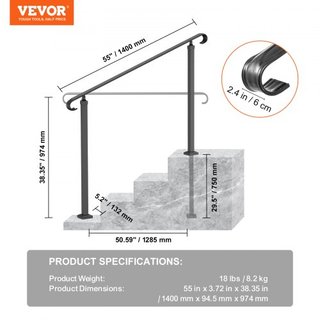 Pasamanos de Hierro Forjado, Adecuado para 2 o 3 Escalones Barandilla de Escalera Exterior, Barandilla Ajustable para Porche Frontal, Barandillas Transicionales Negras para Escalones de Concreto o...