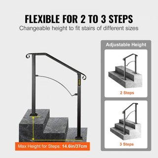Pasamanos para Escaleras Exteriores, Se Adapta a 2 o 3 Escalones, Barandilla de Escalera Exterior Arch#2 de Hierro Forjado, Barandilla Flexible para Porche, Pasamanos Transicional Negro para Escal...