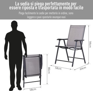 Set di 4 sedie pieghevoli da esterno in acciaio e Textilene per giardino, terrazzo o veranda, grigio, 58 x 64 x 94 cm