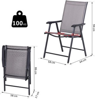 Set di 4 sedie pieghevoli da esterno in acciaio e Textilene per giardino, terrazzo o veranda, grigio, 58 x 64 x 94 cm
