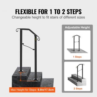 Pasamanos para Escaleras Exteriores, Railing para Escaleras Exteriores de 1 o 2 Pasos, Pasamanos de Hierro Forjado Arch#1, Pasamanos Flexible para Porche, Pasamanos Transicional Negro para Escaler...