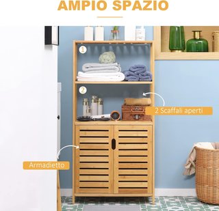Mueble de Baño Con 2 Estantes Abiertos y Armario de 2 Puertas, Mueble Ahorra Espacio en Bambú 60X30X120Cm, Natural