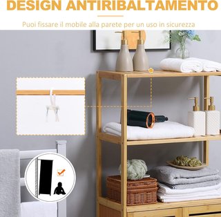 Mueble de Baño Con 2 Estantes Abiertos y Armario de 2 Puertas, Mueble Ahorra Espacio en Bambú 60X30X120Cm, Natural
