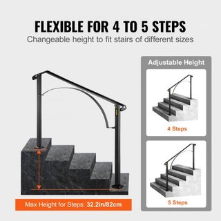 Pasamanos para Escaleras Exteriores, Se Ajusta a 4 o 5 Escalones, Barandilla de Escalera Exterior Arch#4 de Hierro Forjado, Barandilla Flexible para Porche, Pasamanos Transicional Negro para Escal...